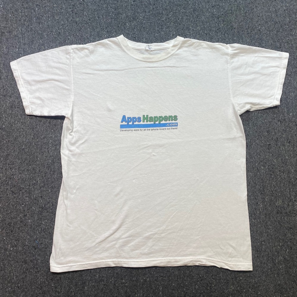 Apps Happens iPhone Developer TShirt Sz L Mens White Skater Tech Promo Graphic